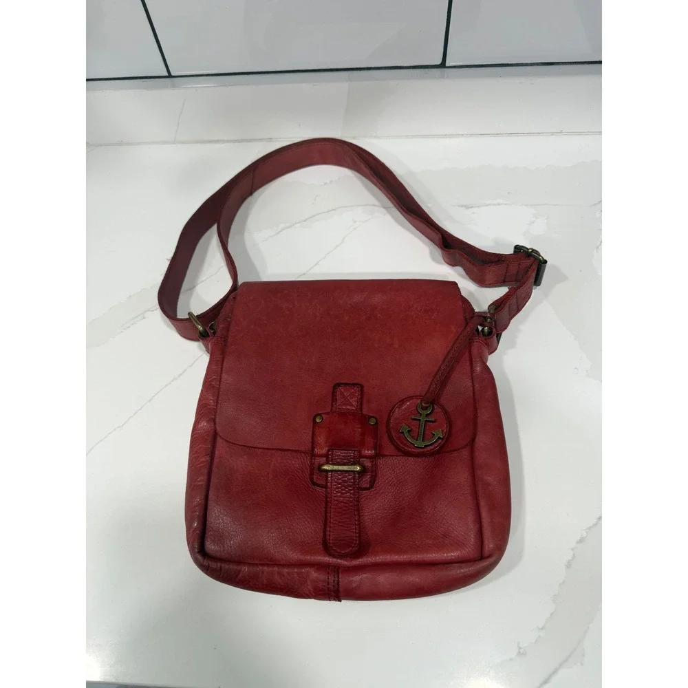 Harbour 2nd Red Leather Crossbody Messenger Bag Anchor Charm Distressed Vintage